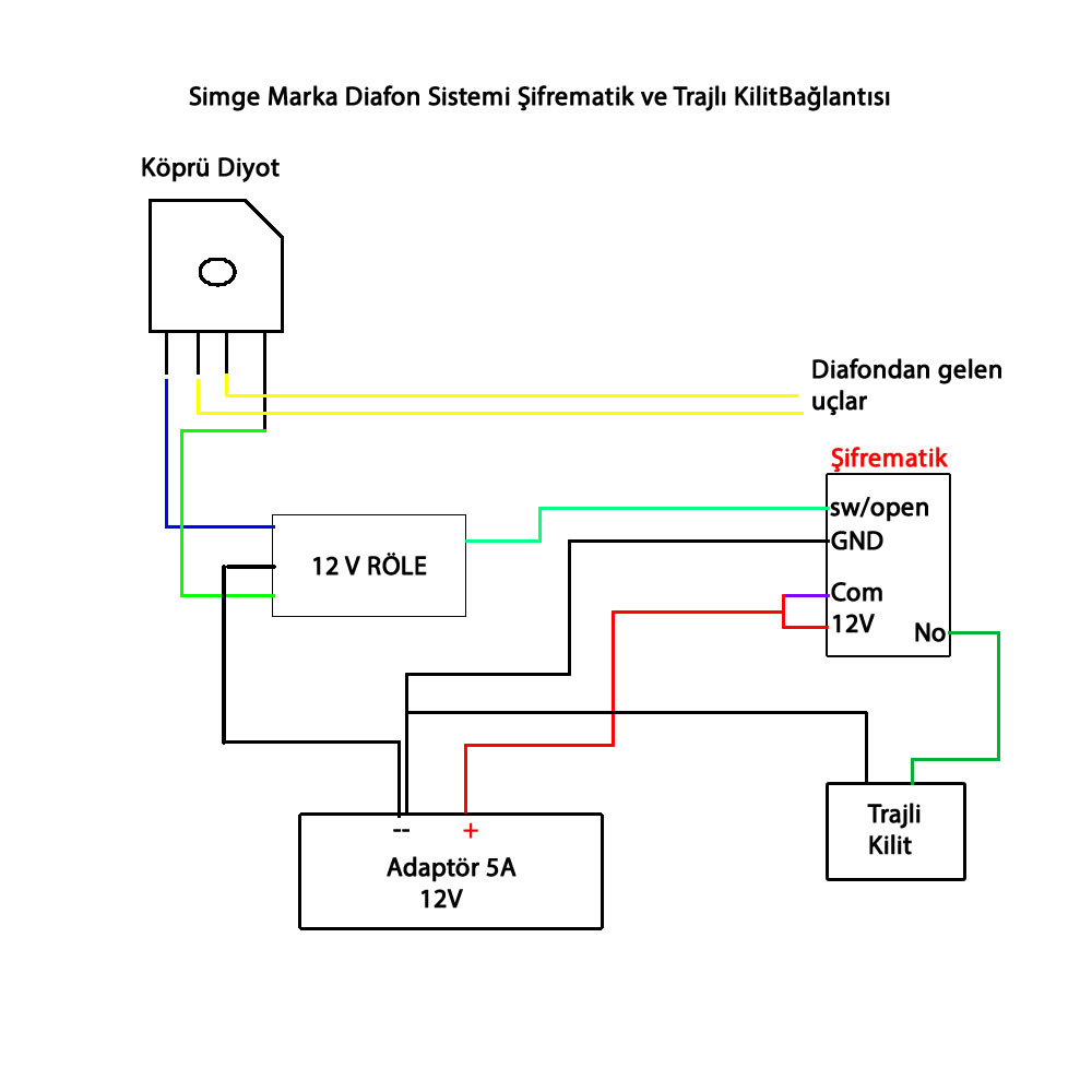 Simge Diafon Sistemi ile Röle Diyot ile trajlı kilit ve şifrematik bağlantısı