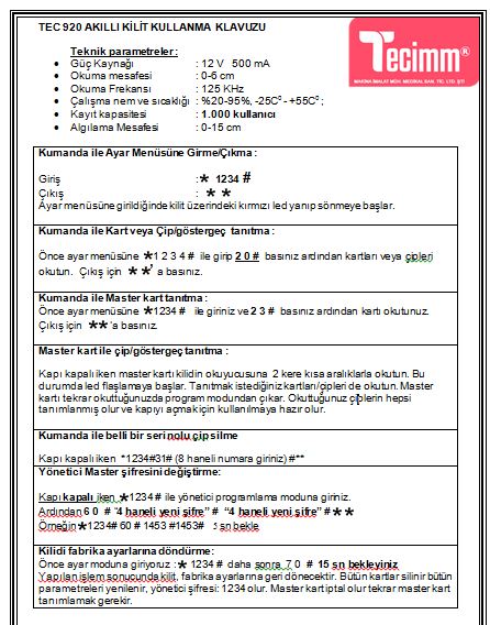 TEC 945 MIFARE SENSÖRLÜ AKILLI KİLİT