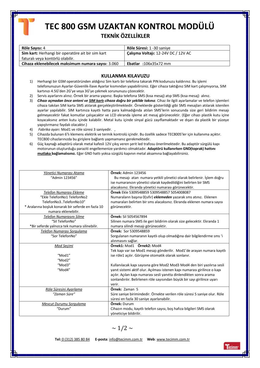 GSM TEC800 KULLANIM KILAVUZU