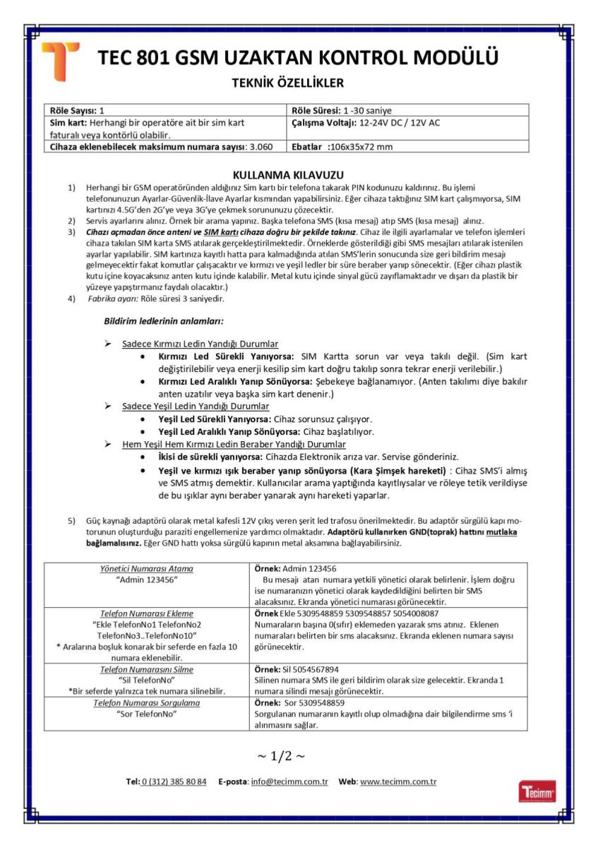 GSM TEC801 KULLANIM KILAVUZU